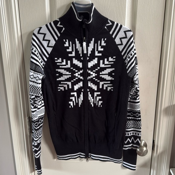 Athleta Winter Snowflakes Long Sleeve Full Zip Knit Sweater size large - Picture 1 of 5